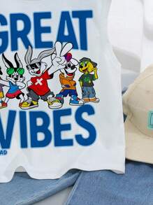 SHEIN 男童夏季休闲无袖上衣，简约字母印花 - 白色 - 查看 4