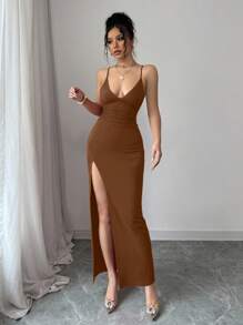 INAWLY 女士优雅性感褶皱高开衩无袖连衣裙，红色，夏季 - 咖啡棕 - 查看 7