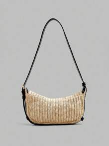 Ontre Bolso de hombro con patrón de esterilla de paja - Negro - Ver 4