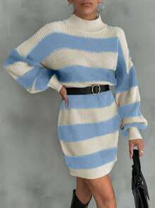 EURMUSE Women Drop Shoulder Sweater Dress With Striped Pattern,Petite - Baby Blue - View 5