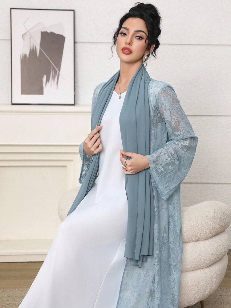 Yasmyna 女士纯色透明长袖阿拉伯长袍 - 藍色 - 查看 7