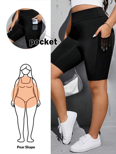 SHEIN Essnce Plus Size Women's Spring And Summer Fashion Casual Sports High Elasticity Comfortable Basic Versatile Daily Black Motorcycle Shorts With Pockets, Women Bottom, Street Wear, Curve Shorts, Going Out Clothes, Y2k Clothes, Joggers , Biker Shorts