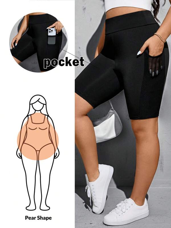 SHEIN Essnce Short de moto noir polyvalent, confortable et élastique pour femmes grandes tailles, idéal pour le printemps et l'été. Vêtements de sport casual avec poches, bas pour femmes, streetwear, shorts moulants, tenues de sortie, vêtements Y2K, joggings