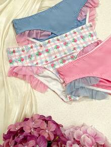 Tween Girl 3pcs Contrast Mesh Ruffle Trim Bikini Panty - Multicolor - View 5