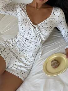 SHEIN EZwear Fall Women Clothes Polka Dot Print Cute Clothes  Simple Fashion Tie-Front Long Sleeve Top And Shorts Casual 2 Pieces Set - White - View 4