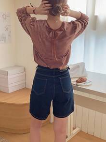 DAZY Women's Round Neck Striped Casual Long Sleeve T-Shirt With Drawstring Back