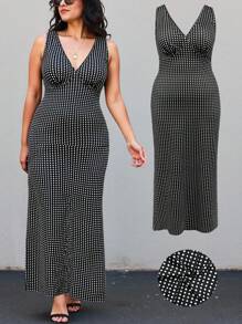 Vestido midi de lunares ajustado con cuello en V profundo y sin mangas para mujer de talla grande - Blanco y Negro - Ver 1