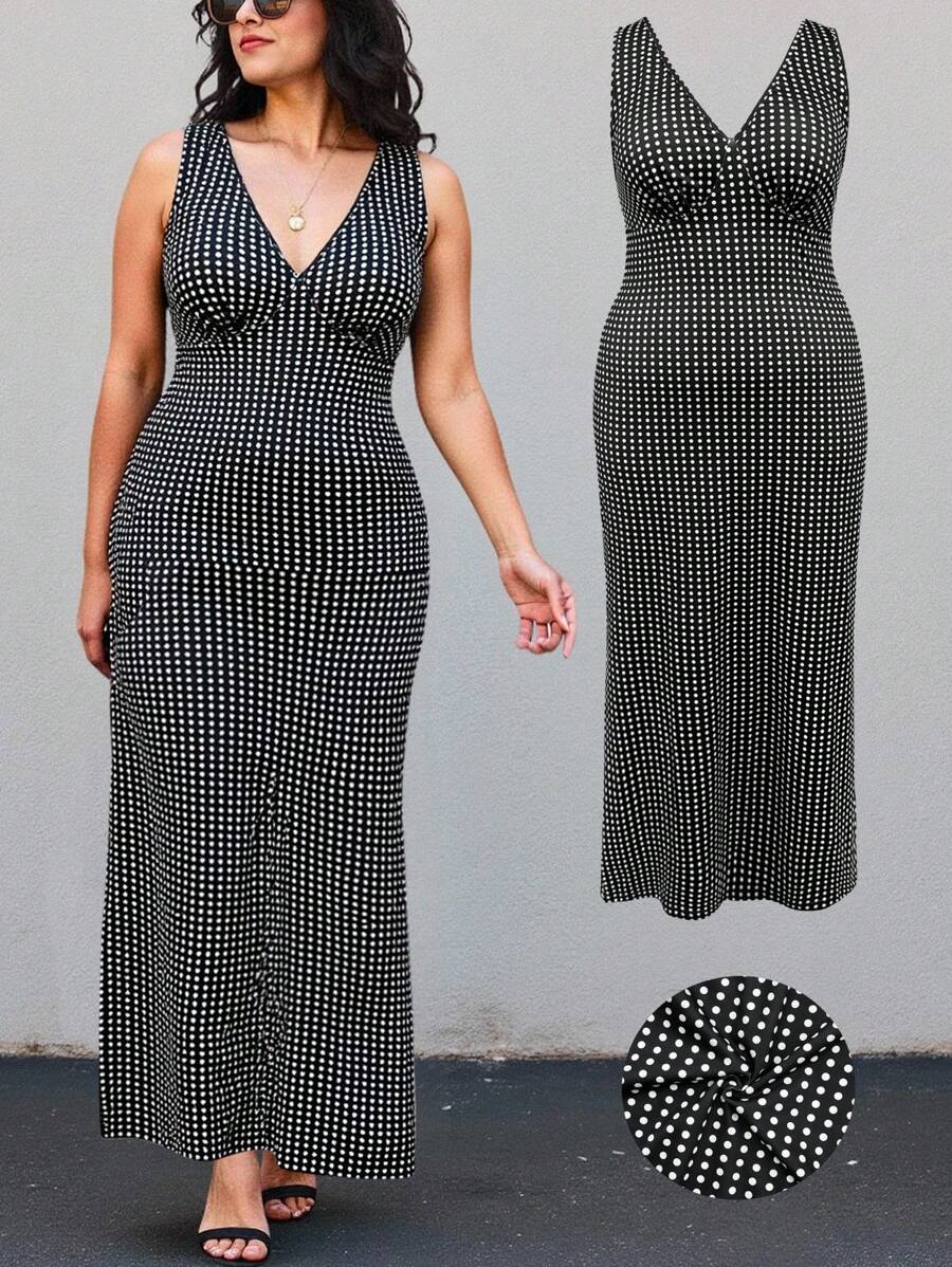 Vestido midi de lunares ajustado con cuello en V profundo y sin mangas para mujer de talla grande - Blanco y Negro - Ver 1