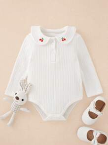 Souflis Souflis Simple Style Baby Girls Knit Fabric Bodysuit With Peter Pan Collar, Cherry Embroidery & Long Sleeve, Bodysuit - White - View 2