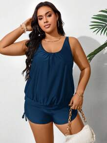 Swim Lushoire Plus Size Women's Simple Solid Color Round Neck Drawstring Ruched Tankini Swimsuit, Summer Beach Holiday Style Plus Size Summer Set - Navy Blue - View 5