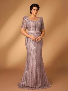 Serin 加大码优雅浪漫粉色方领短袖奢华刺绣珍珠和水钻美人鱼下摆奢华婚礼新娘新娘母亲派对礼服 - 藕粉色 - 查看 6