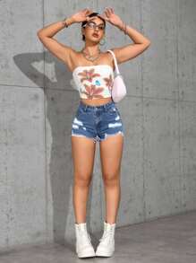 SHEIN PETITE Women's Casual Washed Distressed Frayed Hem Denim Shorts - Blue - View 3