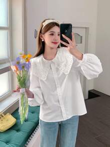 SHEIN 少女女孩白色梭织纯色拼接刺绣大翻领泡泡袖长袖学院风优雅复古休闲衬衫 返校季情人节童装春夏秋冬装小清新女童 - 白色 - 查看 12