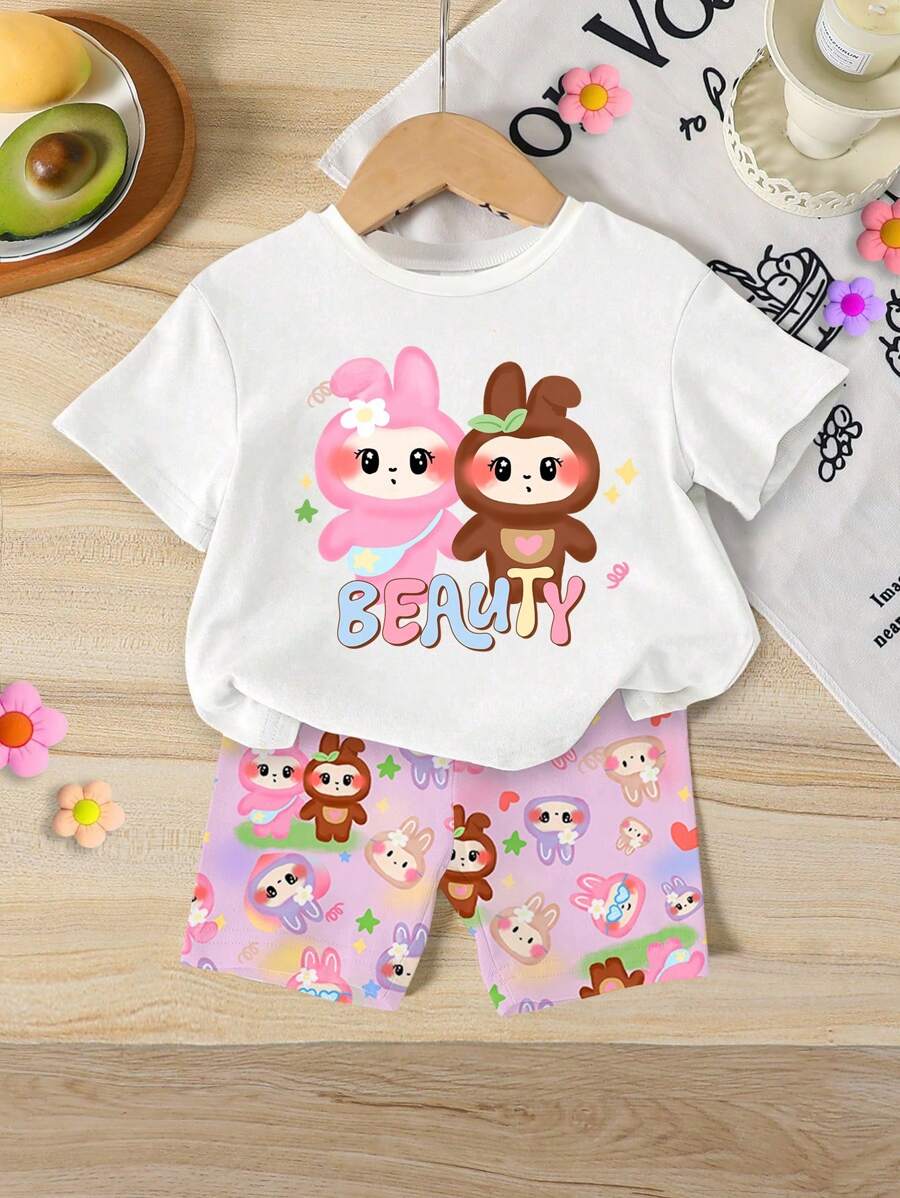 2pcs Baby Girls Beauty Cartoon Print Round Neck Short Sleeve T-Shirt & Tie Dye Knit Leggings Summer Outfit Set Infant Summer Clothes Set Casual Baby Clothes - Multicolor - View 1