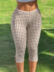 SHEIN EZwear Women's Coffee Brown Plaid Knit Elastic Leggings - Coffee Brown - View 5