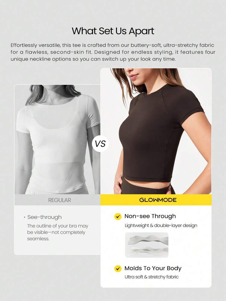 Glow Era Soft Stretchy Round Neck Slim Fit Cropped Short Sleeve Active Crewneck Tee Low-Impact Yoga Pilates Gym Studio Daily Casual Wear