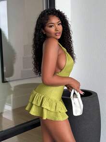 Alexandranx Solid Color Halter Backless Ruffle Hem Sleeveless Bodycon Jumpsuit - Green - View 4