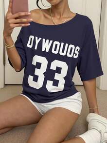 SHEIN Teen Girl Is Casual Letter Print Asymmetric Neck Loose Short Sleeve T-Shirt, Summer - Navy Blue - View 1