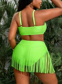 Slaydiva 大码女式度假露背流苏比基尼套装，2 件套 - 綠色 - 查看 2