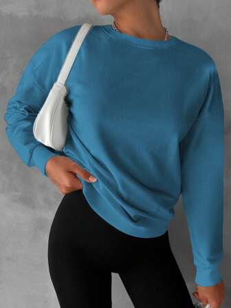 Women's Solid Drop Shoulder Long Sleeve Sweatshirt