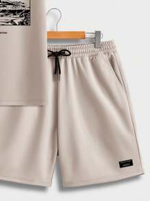 Manfinity Homme Japanese Style Dragon & Cherry Blossom Graphic Regular Fit Khaki Short Sleeve T-Shirt And Shorts Set For Men - Khaki - View 3