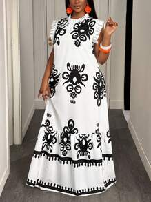 Slaydiva Đầm dài dáng rộng in hoa cho nữ cỡ lớn, cổ cao giả, bèo nhún, kiểu dáng đi nghỉ mát. - Đen và trắng - Xem 3