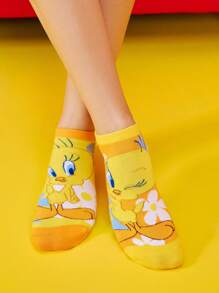 LOONEY TUNES X SHEIN 3 双柔软透气吸湿排汗休闲女士踝袜，带崔弟和路跑者图案，时尚可爱的粉色和蓝色短袜，加固脚趾和脚跟，经久耐用，四季百搭 - 彩色 - 查看 5