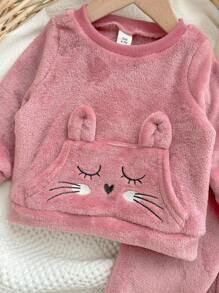 Baby Girl Cute Cartoon Pattern Fluffy Long Sleeve Top And Elastic Waist Long Pants 2 Pieces Set, Autumn/Winter - Pink - View 12