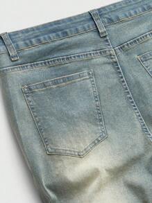 ROMWE MEN Street Life 男士时尚水钻装饰口袋休闲牛仔裤 - 淺色水洗藍 - 查看 5