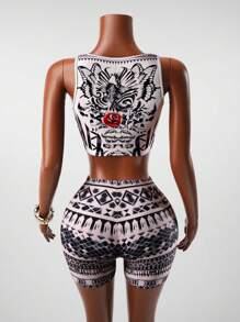 BamGleam 2-teiliges Set Damen Sommer Lässig Streetwear Vintage Sexy Barock Stil Outfit, Rundhals ärmelloses Korsett Top + Shorts, durchgängiges Barock Muster Muster in beige & schwarzem Blumen Netz Mesh - Verschiedenfarbig - Übersicht 2