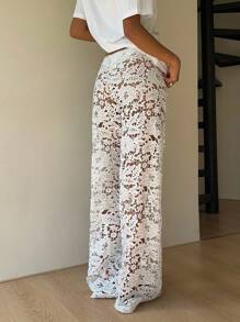 SHEIN EZwear Women's Elastic Waist Floral Lace Pants, Loose Casual Trouser