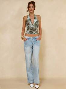 SHEIN BAE Áo crop top hở lưng in hoa gợi cảm cho nữ, mùa hè - màu xanh lá - Xem 6