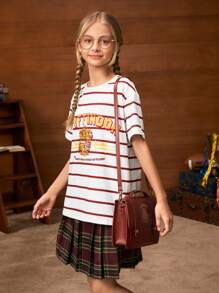 HARRY POTTER X SHEIN 青少年女孩复古运动学院休闲风格白色格兰芬多徽章条纹图案宽松 T 恤，适合夏季、学校和户外活动 - 白色 - 查看 8
