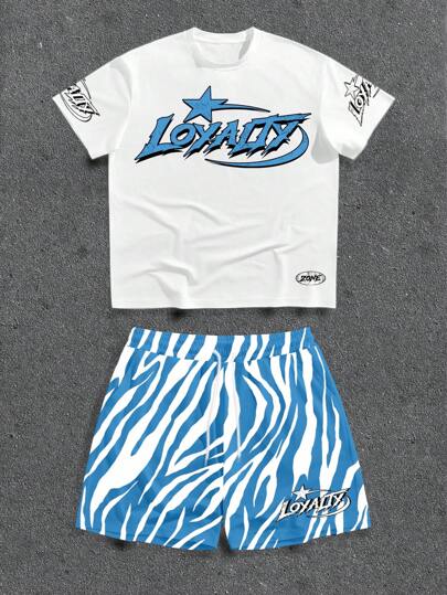 Manfinity Roghcode Men's Summer Casual Letter Print Round Neck Short Sleeve T-Shirt And Shorts Set