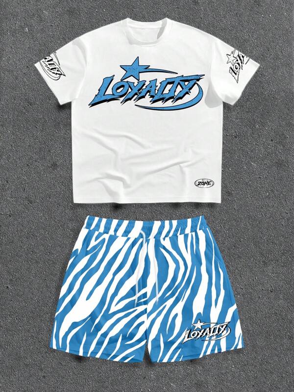 Manfinity ZONE917 Men's Summer Casual Letter Print Round Neck Short Sleeve T-Shirt And Shorts Set