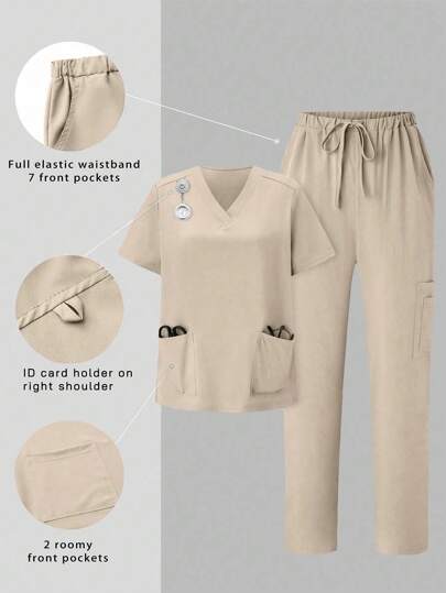 TaskEZ 简约夏季短袖制服套装，上衣和裤子均有口袋设计，手术服套装
