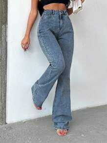 SHEIN Tall HIGH RISE FLARED LONG BLACK JEAN TALL - Dusty Blue - View 4