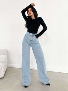 EURMUSE HIGH WAIST WIDE LEG LONG HEM BLUE JEAN - 716 GR - Baby Blue - View 6