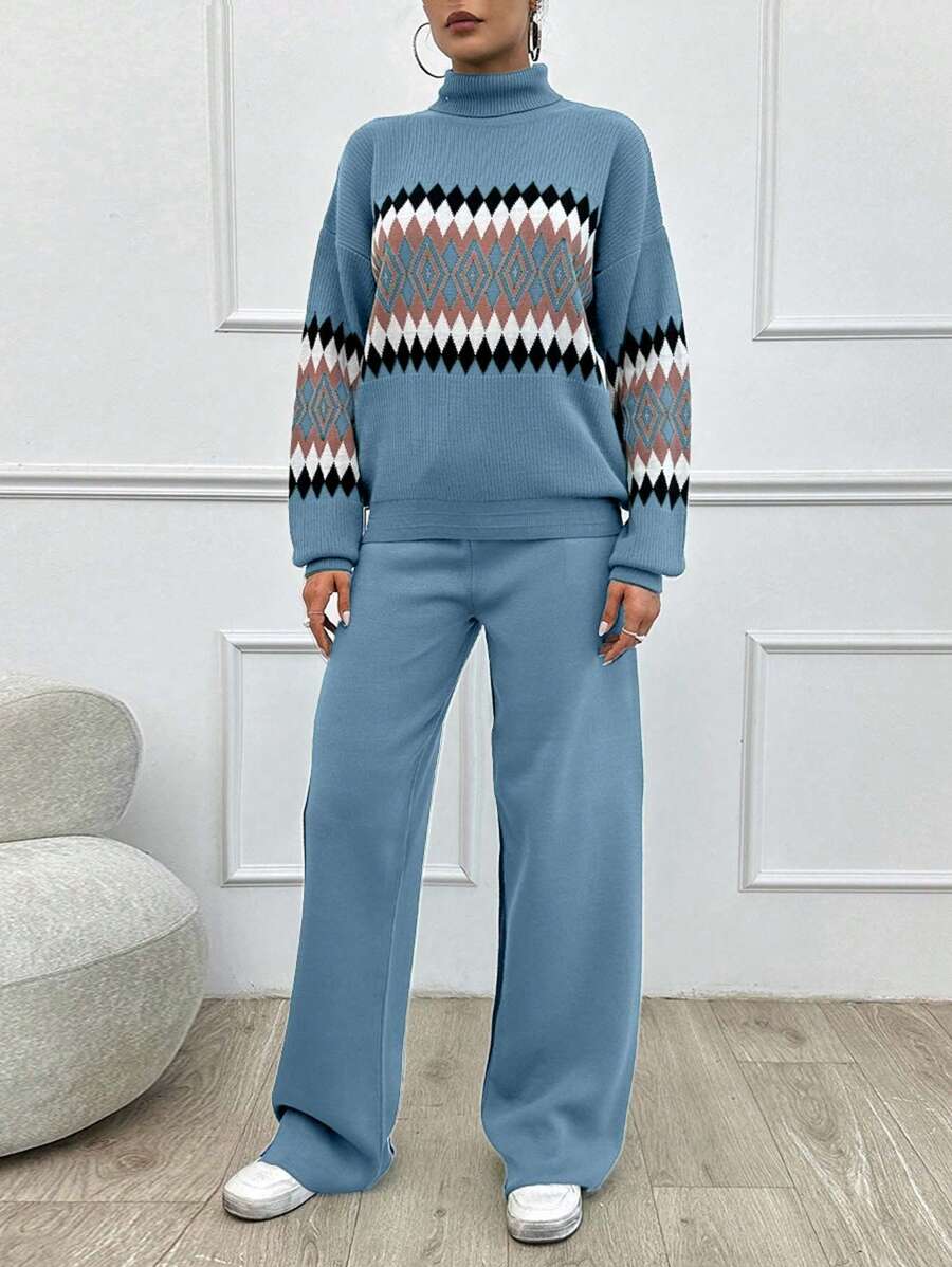 SHEIN Tall 女款幾何圖案高領毛衣 2件組,小碼套裝,套裝,小碼,冬季衣物,高個子女性 - 淺藍色 - 查看 1