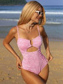 Swim Mod Nouveau maillot de bain une pièce d'été pour femme en tissu jacquard, avec bretelles fines, col en V, taille évidée froncée