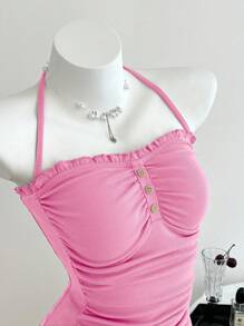 Elamini Blusa de cuello halter con volantes y botones decorativos para mujer - Rosado Sandía - Ver 4