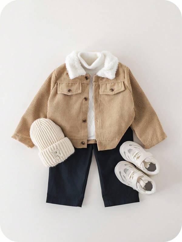 SHEIN Casual Cute Hooded Patchwork Fleece Lined Long Sleeve Kids Jacket, Suitable For Autumn And Winter, Boy & Girl