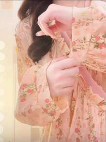 SHEIN 1 件套睡袍，简约欧式长袖宽松睡袍，休闲时尚长袖睡袍，新款春秋设计，舒适 V 领，女士家居服夏季婚礼家居浴室装饰返校 - 粉色 - 查看 3