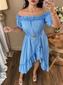 SHEIN Clasi 女士纯色梭织露肩荷叶边不对称腰部系带连衣裙，夏季 - 淺藍色 - 查看 4