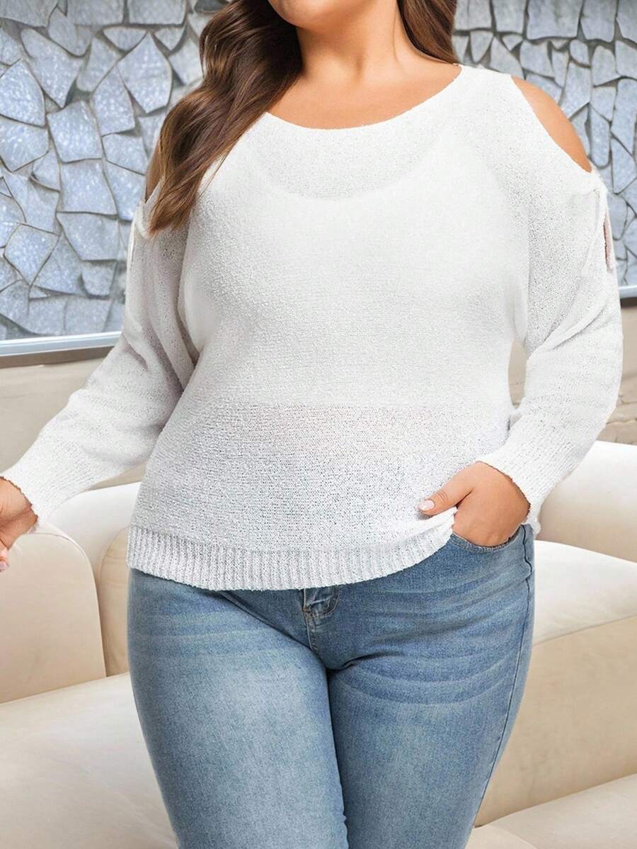 INAWLY 大码女式纯色露肩长袖休闲针织套头衫，秋冬款 - 白色 - 查看 1