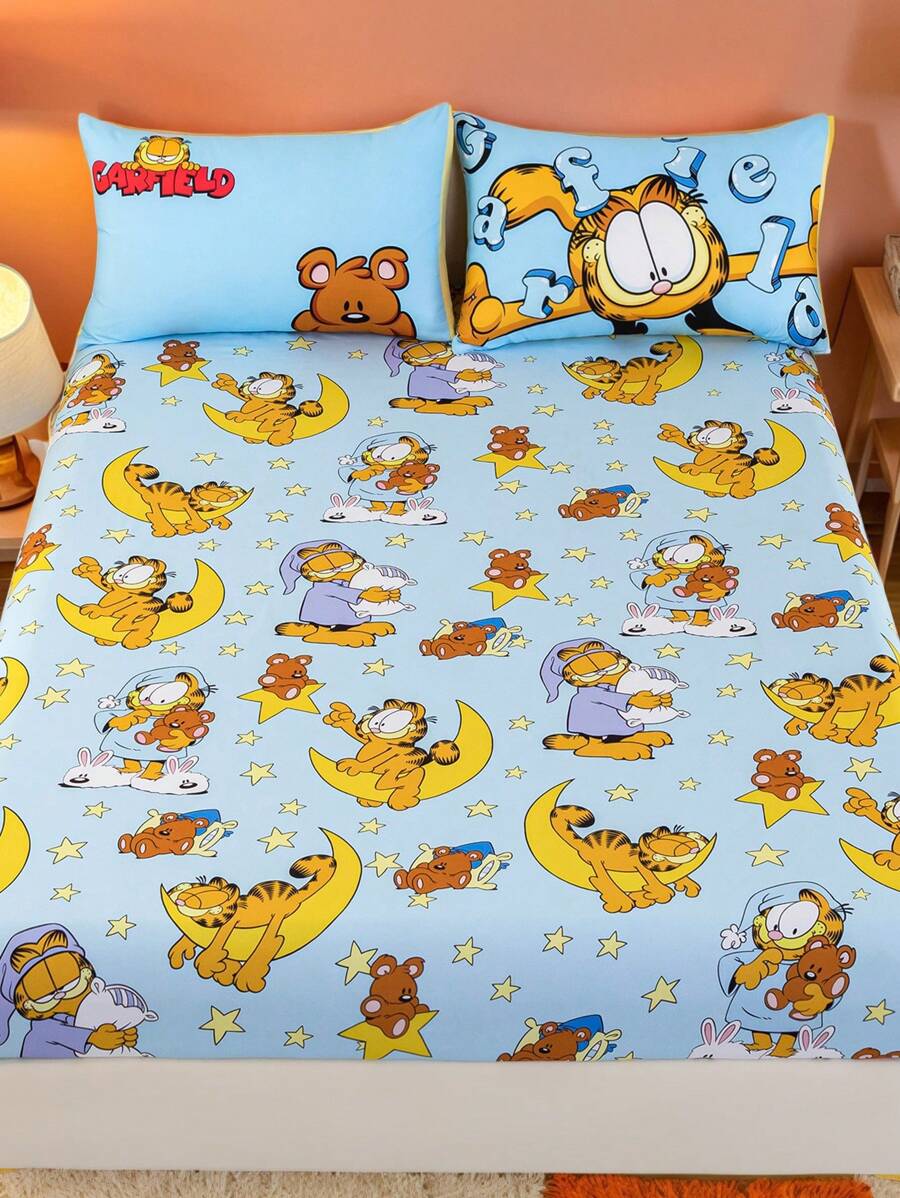 GARFIELD | SHEIN 1 tấm ga trải giường in hình hoạt hình, phù hợp với giường đơn/đôi/queen/king, mềm mại & thoáng khí, ấm áp - Nhiều màu - Xem 1