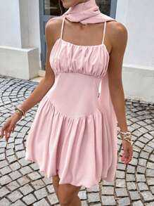 SHEIN Frenchy Cute Y2K Teacher Outfits For Women - 2025 New Pink Summer Dress With Waist Cinching, Spaghetti Strap, Ruffle Design - Perfect For Vacation, Dating, Afternoon Tea, Wedding Guest, Daily & Commuting - Autumn & Summer Essential Casual - Baby Pink - View 1