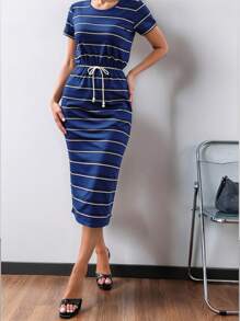 Pariaura Striped Tie-Up Midi Casual Simple Dress For Women - Navy Blue - View 4