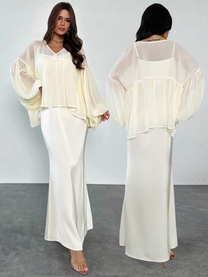 Firerie Set de 2 piezas con vestido de slip con cuello en V y camiseta de gasa como cubrebotas para mujer, conjunto liviano y vaporoso de vestido maxi y cubrebotas para primavera/verano, apto para uso diario, elegante, sexy, vacaciones, playa, estilo bohemio, Hawaii, romance, Día de la Madre