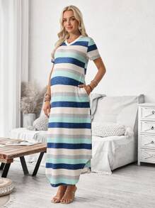 SHEIN 孕妇条纹V领短袖休闲T恤连衣裙（夏季） - 彩色 - 查看 3